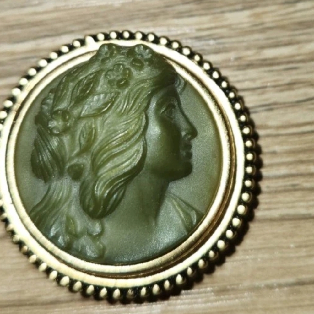 Estee Lauder Green and Gold Cameo Brooch